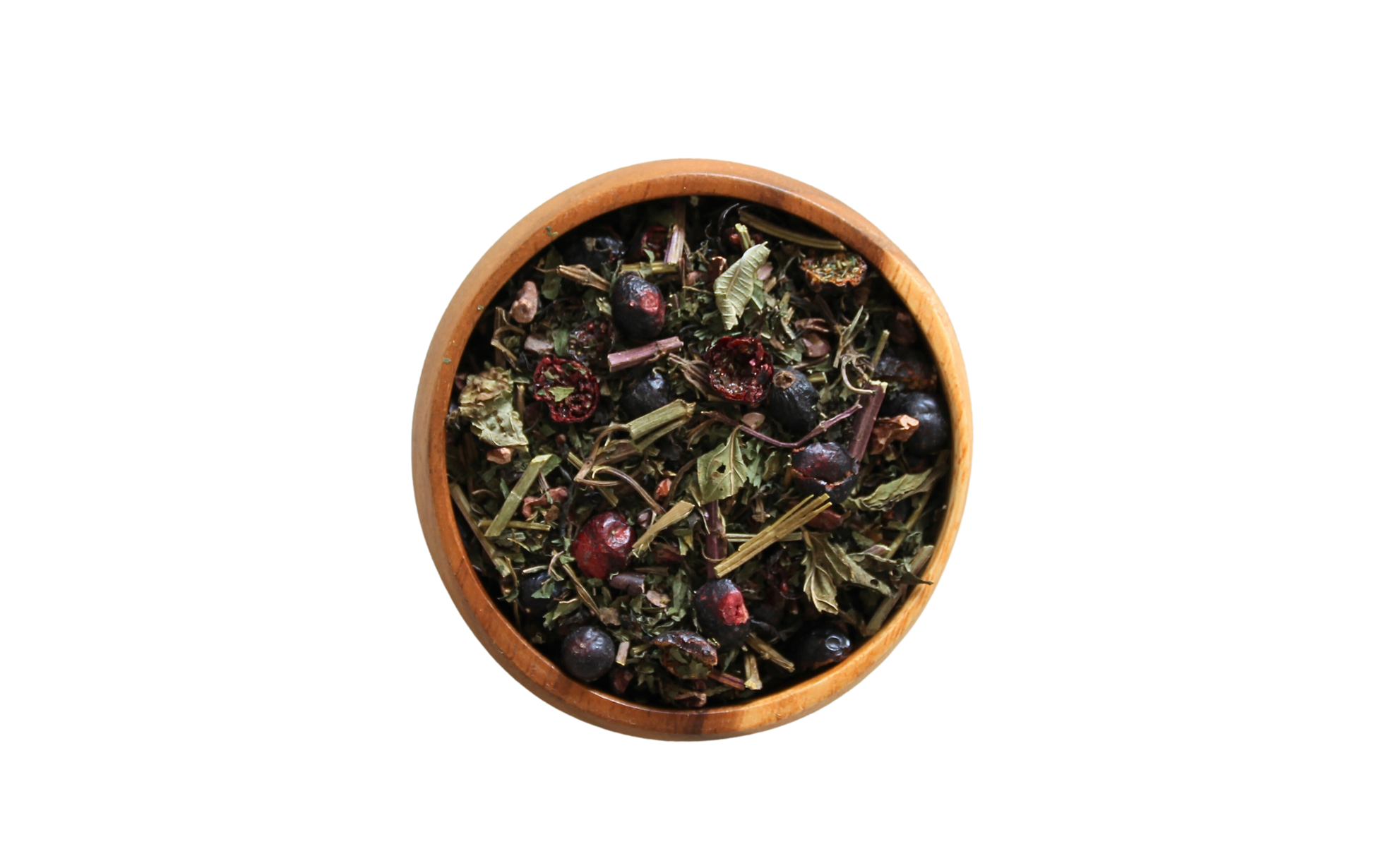 Amor loose tea leaves in a wooden bowl.