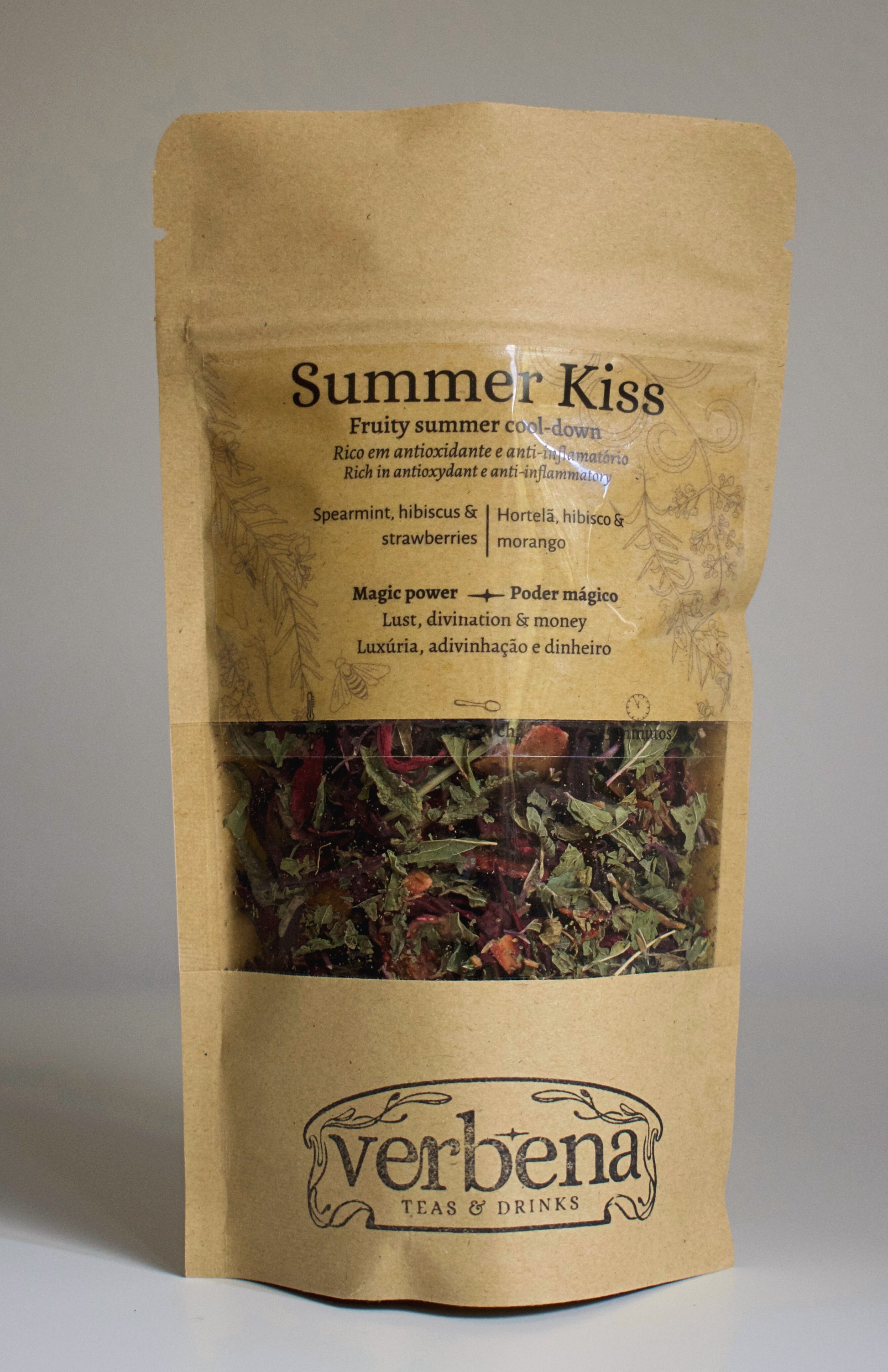 Kraft paper packaging of 'Summer Kiss' with dried herbs, branded 'verbena'.