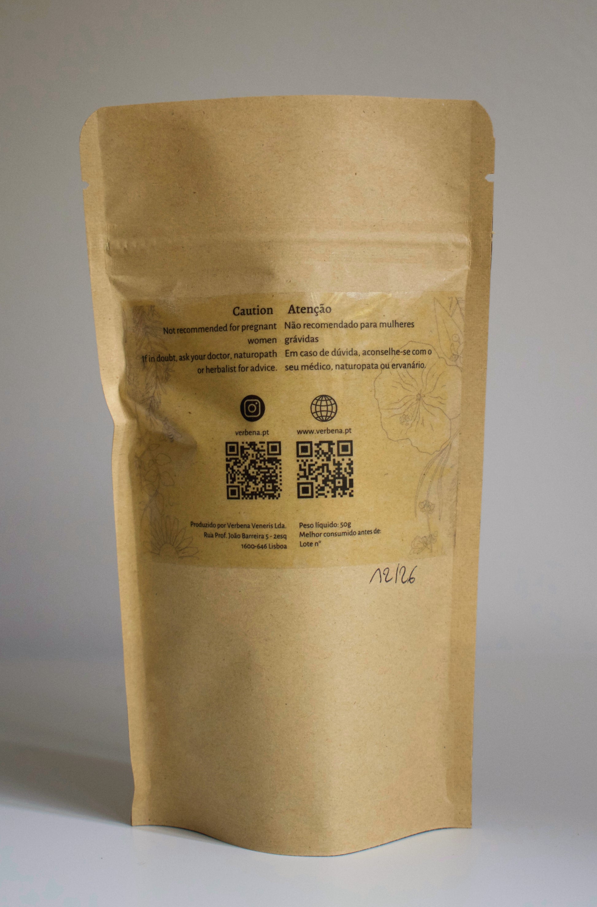 Kraft paper packaging of 'Summer Kiss' with dried herbs, branded 'verbena'.