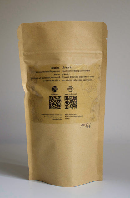 Kraft paper packaging of 'Summer Kiss' with dried herbs, branded 'verbena'.