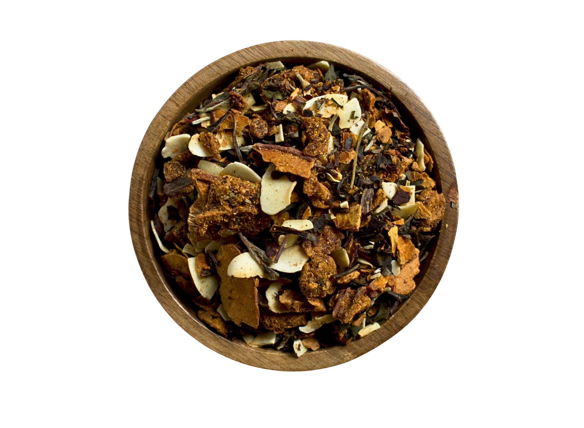 Wooden bowl with a herbal blend made of coconut, white tea, pineapple and dried peaches