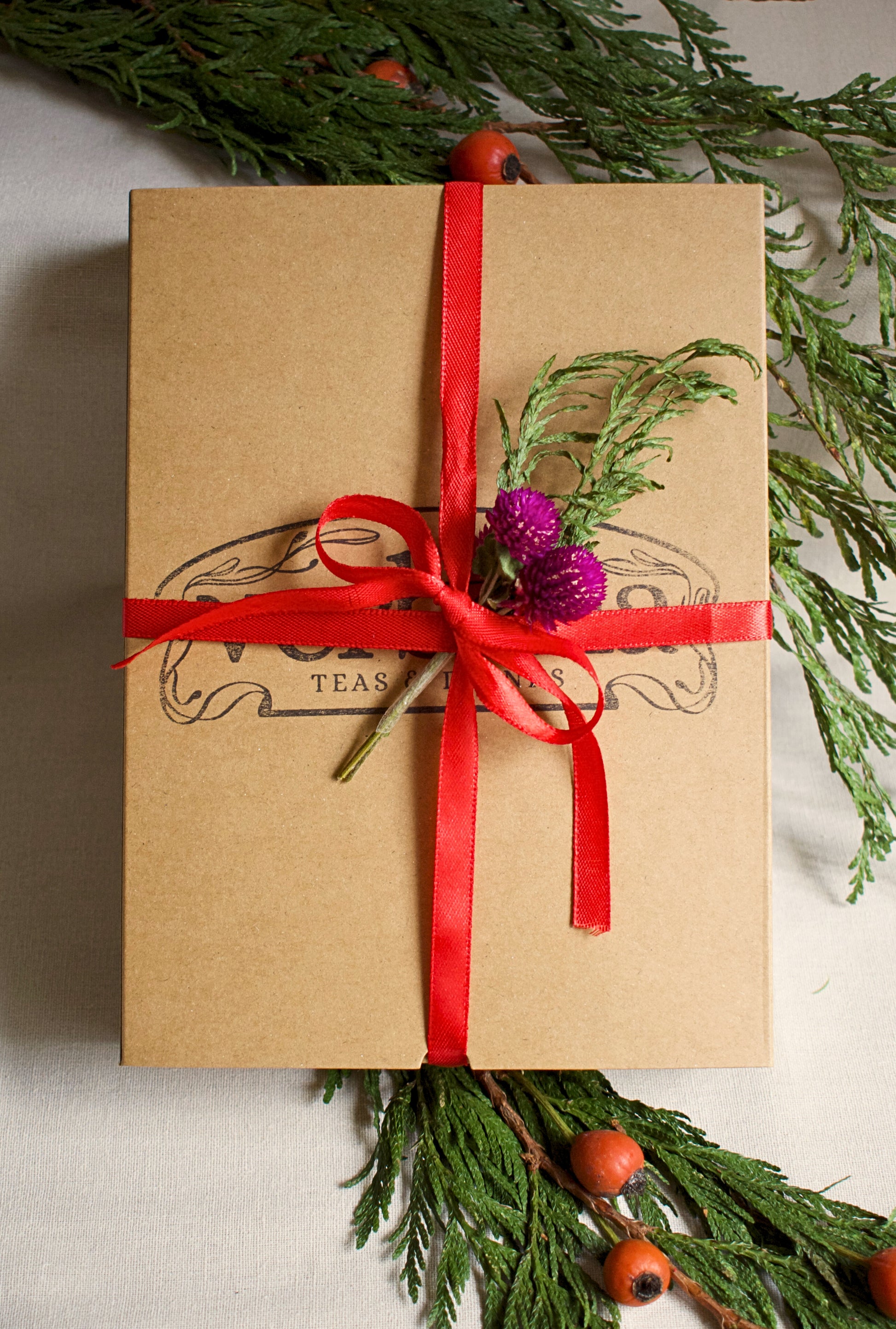 Gift box wrapped in brown paper with a red ribbon and greenery on a light background