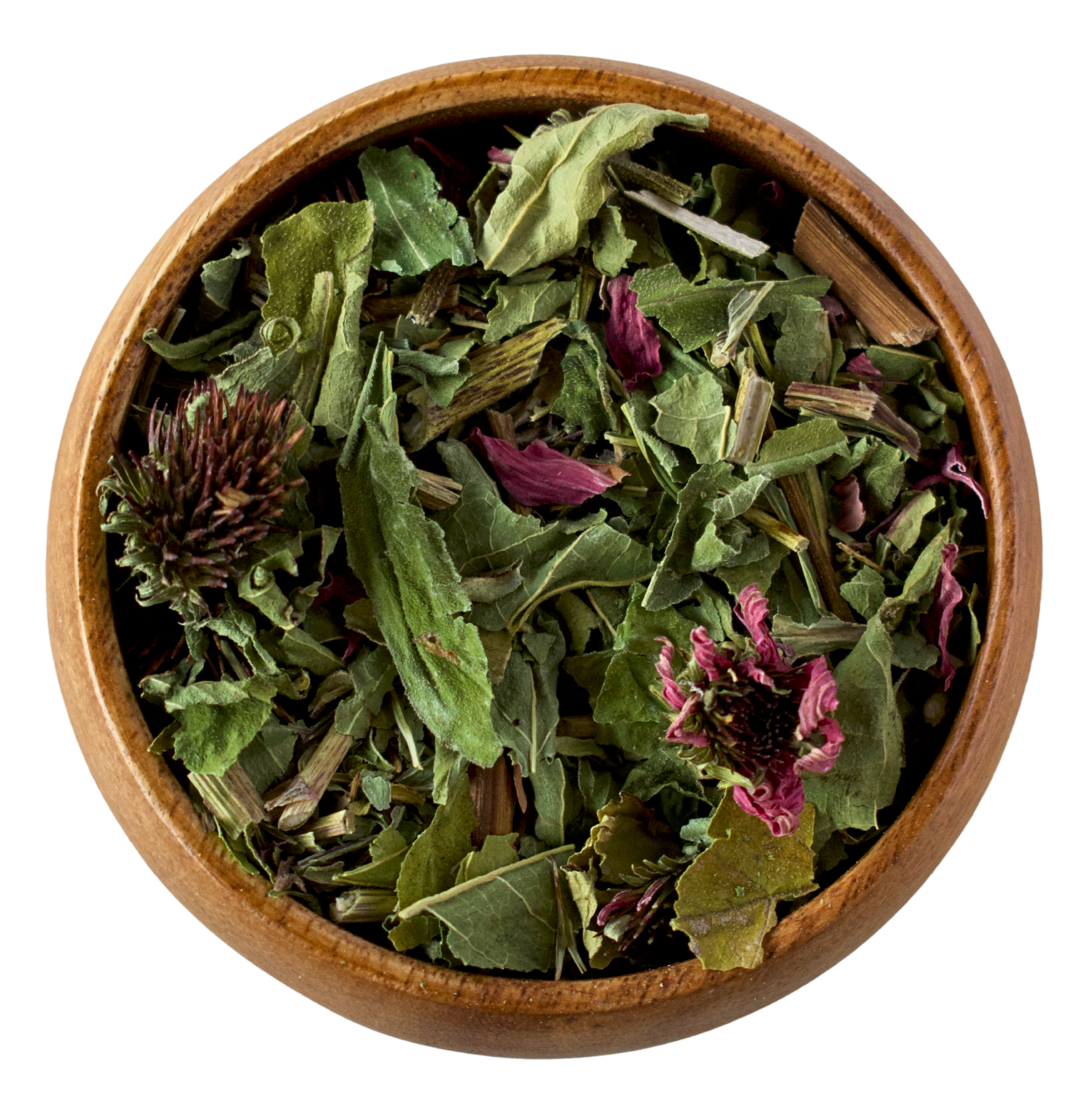 Wooden bowl filled with dried herbs and flowers on a white background