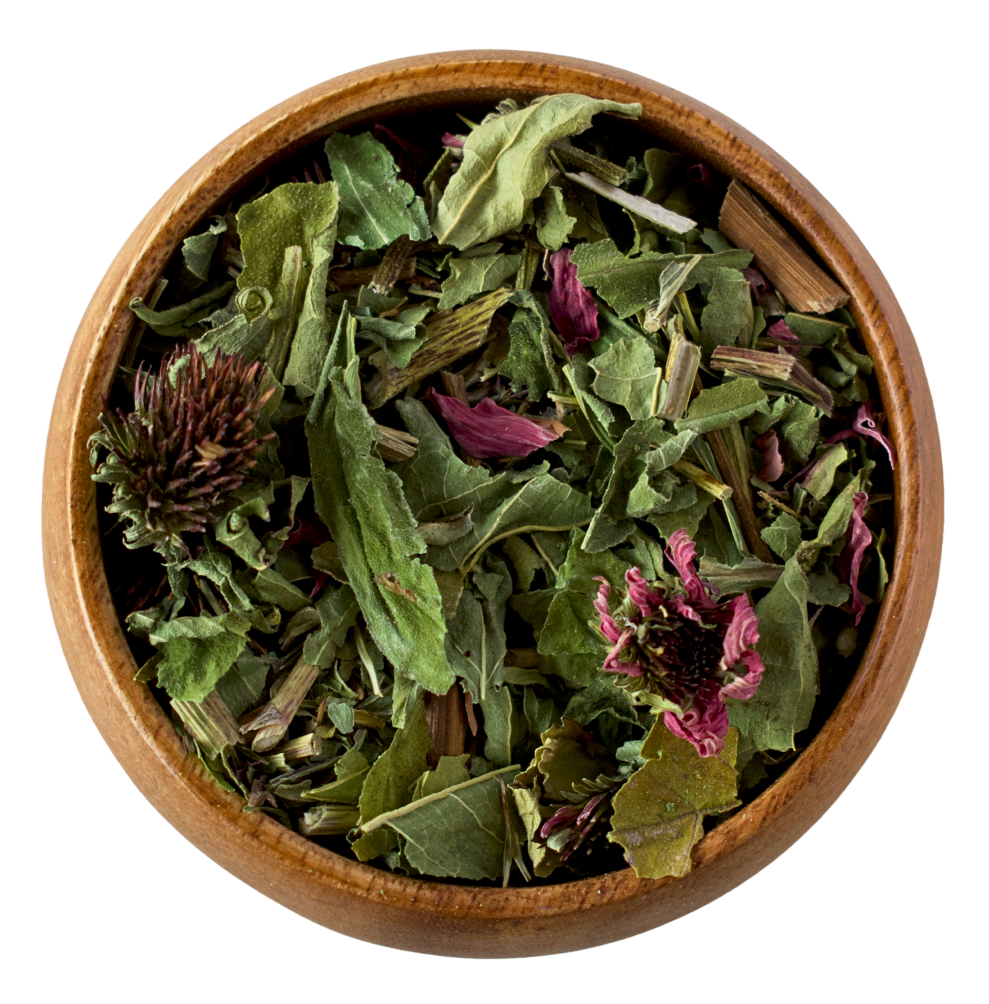 Wooden bowl filled with dried herbs and flowers on a white background